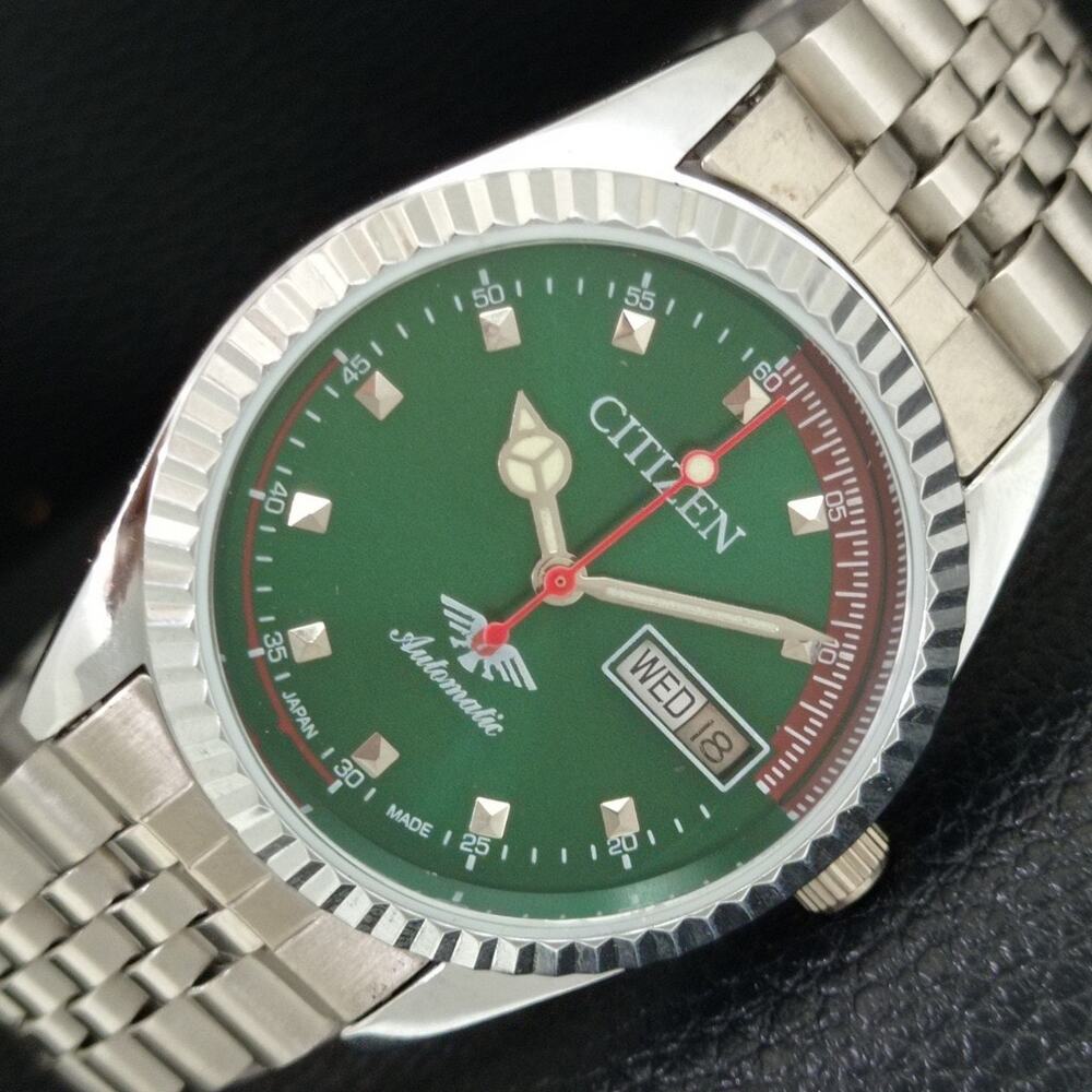 Vintage 1971 Citizen Automatic Mens Silver Watch W/daydate & Green accents